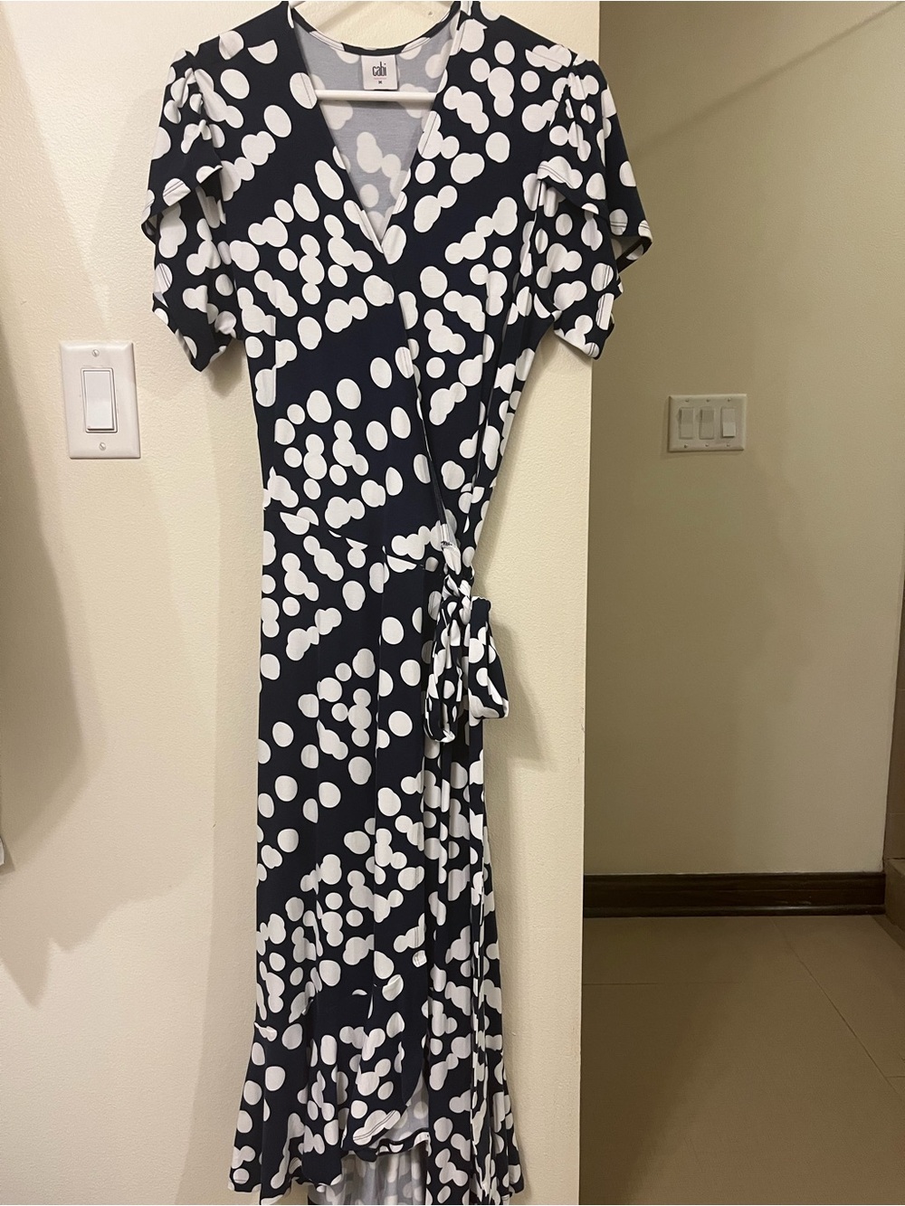 cAbi Navy and White Polka Dot Wrap Midi Dress